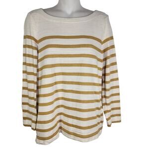 Ann Taylor Loft Top Small Gold Ivory Stripe Boat Neck Knit Pullover Nautical